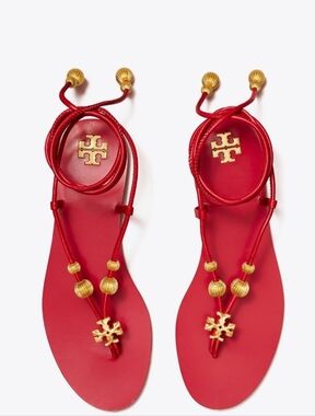 Tory Burch Capri Lace Up Red Sandals with Gold Accents